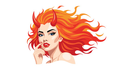 Seductive portrait of a beautiful devil woman with fiery red hair, striking blue eyes, and small red horns, exuding a mischievous and alluring charm.
