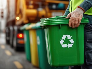 Rubbish truck collecting green recycling bin with recycling symbol, worker in safety gear holding container, urban street setting, promoting environmental sustainability and waste management practices