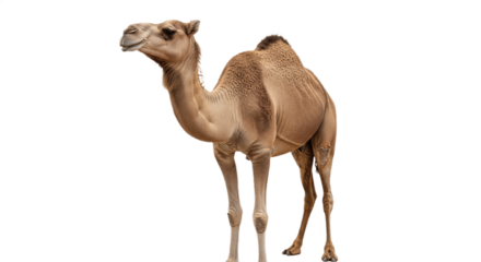 Full-Body Dromedary Camel in Profile on Pure White Background – Light Brown One-Hump Camel Standing Naturally with Soft Even Lighting Highlighting Fur Texture and Clean Wildlife Studio Isolation”