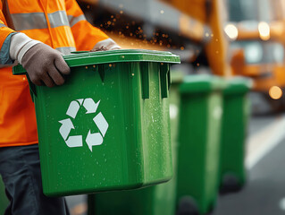 Rubbish truck collecting green recycling bin from street, worker in orange safety vest holding container, showcasing waste management and environmental responsibility concept