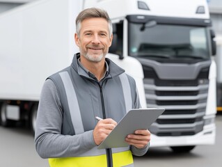 Rubbish truck operator in safety vest holding clipboard, smiling confidently in front of large waste collection vehicle, showcasing professionalism and dedication to environmental services