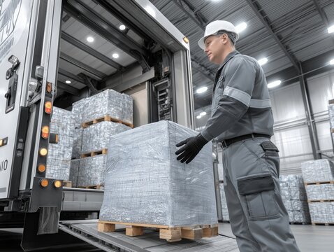 Rubbish truck operator unloading a pallet of waste materials from the vehicle in a spacious warehouse, showcasing efficient waste management and environmental responsibility