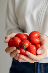 kid hands holding fresh bunch of cherry tomatoes, healthy eating concept
