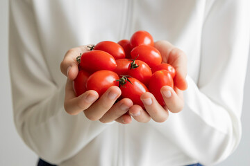 kid hands holding fresh bunch of cherry tomatoes, healthy eating concept
