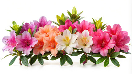 Colorful azalea flowers bouquet with green leaves on white background