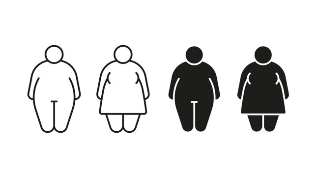 Obese body of man and woman obese fat line and black icon. Fat figure and big size. Risk diabetes people. Vector illustration
