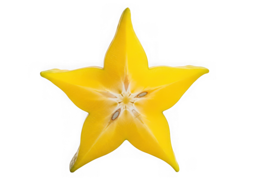 A vibrant yellow star fruit slice, or carambola, showcasing its unique fivepoint star shape and juicy texture, isolated on transparent background