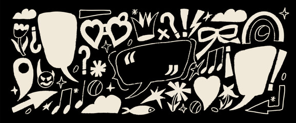 Chalk doodles collage cutouts elements set. Speech bubbles with music note, crown, hearts. Callouts text boxes with inverted Spanish punctuation mark. Vector chalk drawn naive scribbles isolated no bg
