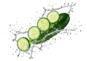 A vibrant green cucumber, partially sliced, surrounded by a refreshing water splash, isolated on transparent background