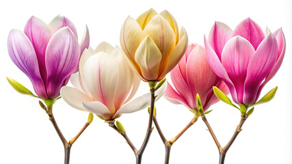 Colorful magnolia flowers, vibrant spring blossoms isolated