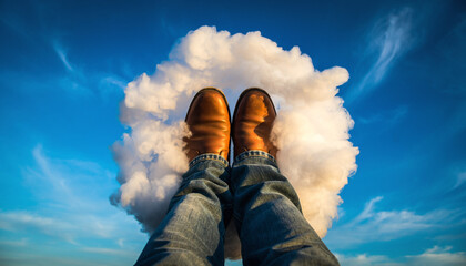 Dreamy escape with leather boots and denim jeans floating on soft clouds against bright blue skies, inspiring freedom and wanderlust adventure, limitless horizons