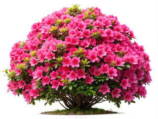 Vibrant pink azalea bush, abundant blossoms, isolated white
