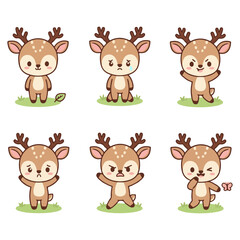 ute Cartoon Deer Character Vector Set. Adorable Fawn with Various Expressions (Happy, Sad, Angry, Playful) and Poses. Animated Animal Emotions for Kids' Design and Stickers