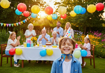 Joyful boy celebrates birthday with family and friends in a garden setting