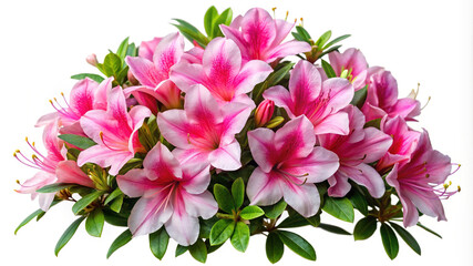Vibrant pink azalea flowers blooming with green leaves on white.