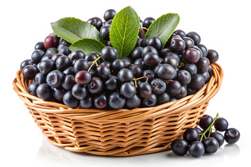 Fresh aronia berries in a rustic wicker basket on white