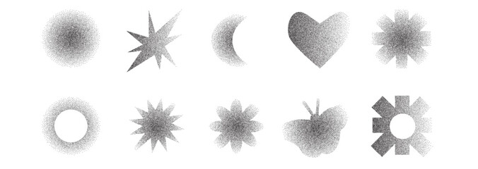 Halftone dots and soft gradation geometric icons shapes. Trendy Y2K aesthetic heart, stars, and modern brutalist design elements. Vector black dotwork stipple figures isolated no bg. © Syuzann q