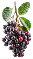 Ripened chokeberries cluster with green leaves on branch.