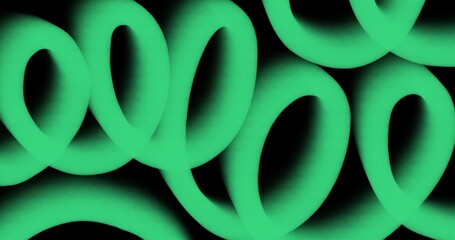 Green glowing loop shapes on black background. Abstract neon twisted ribbons with soft blur gradient. Futuristic light effect for modern design, poster or wallpaper