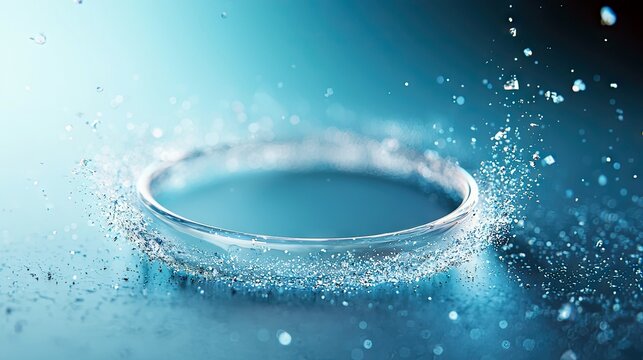 A close-up, dynamic shot of a clear contact lens with water droplets and shimmering particles splashing around it against a cool blue background.