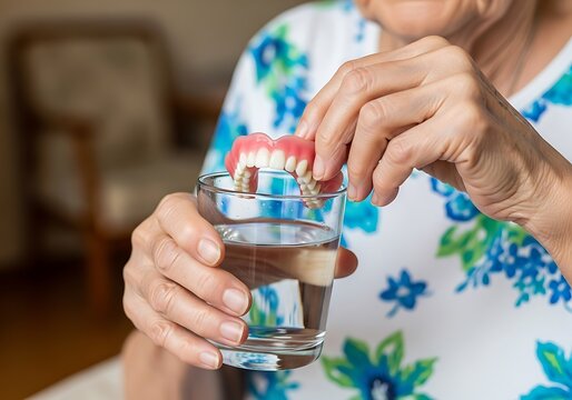 Elderly hands holding dentures in glass of water