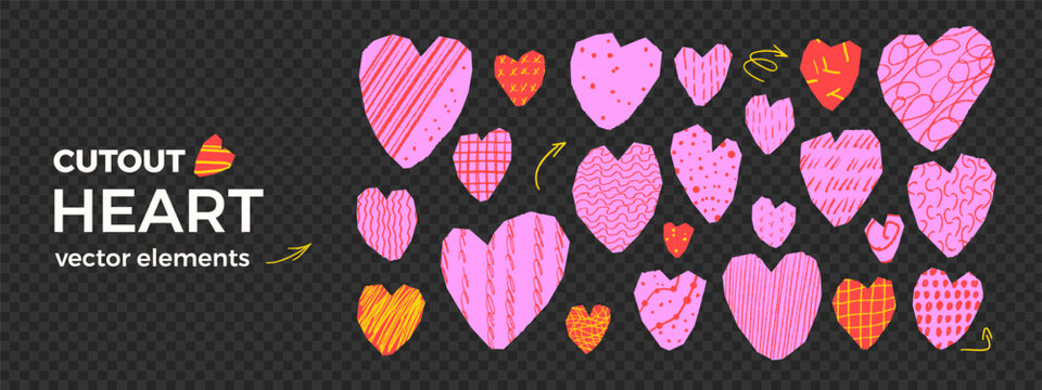 Scribble hearts paper cutout collage. Red and pink vivid zine pieces for love and scrapbook design. Torn hearts stickers isolated. Cut icon irregular shapes. Scraps for valentine, craft vector project