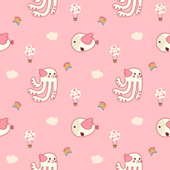 Squid fish fly on the sky. On cloud hot air balloon rainbow pink background. Pattern seamless vector illustration. 