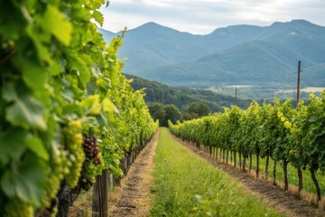 Naklejka premium Lush Vineyard Row with Scenic Mountain Background on a Cloudy Day