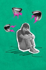 Composite sketch image artwork collage of young lady sit down depressed mouth talk harassment crime...