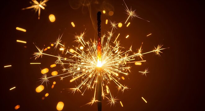Close up of a sparkler burning brightly with golden sparks against a dark background - Powered by Adobe