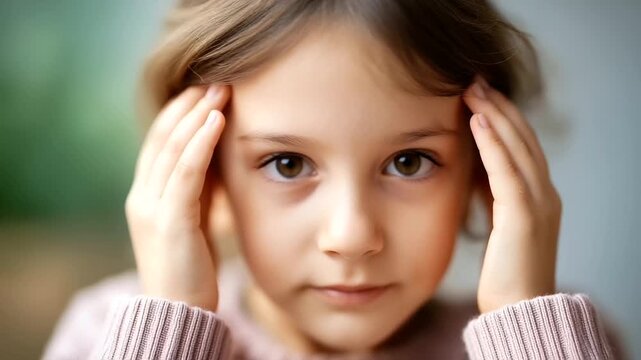 Little girl looking bored holding defocused head with hands, faceless tired child, restless visualization detail, blurred background, exhaustion concept, boredom interface, mood di