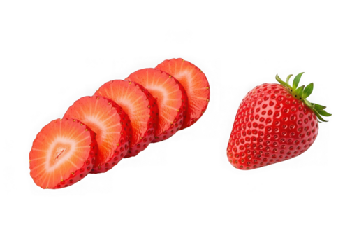 Fresh whole red strawberry and vibrant sliced pieces, highlighting juicy texture and natural beauty, isolated on transparent background