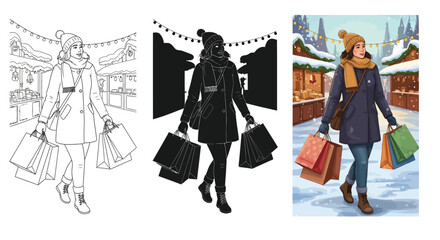 Woman enjoying winter shopping at a festive market, depicted in line art, silhouette, and colorful illustration styles, perfect for holiday themes