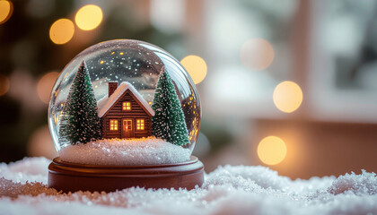 Cozy cabin inside snow globe surrounded by snowflakes and pine trees, evoking warm holiday spirit