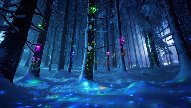 Magical Winter Wonderland Forest with Colorful Glowing Flora and Snow