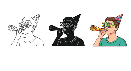 Person celebrating new year 2025 with party hat, glasses, and horn in outline, silhouette, and color styles