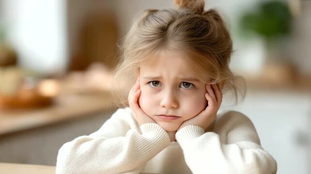 Little Caucasian sad upset child defocused sitting home kitchen, faceless offended kid, alone visualization detail, blurred table background, bullied concept, lonely interface, sch