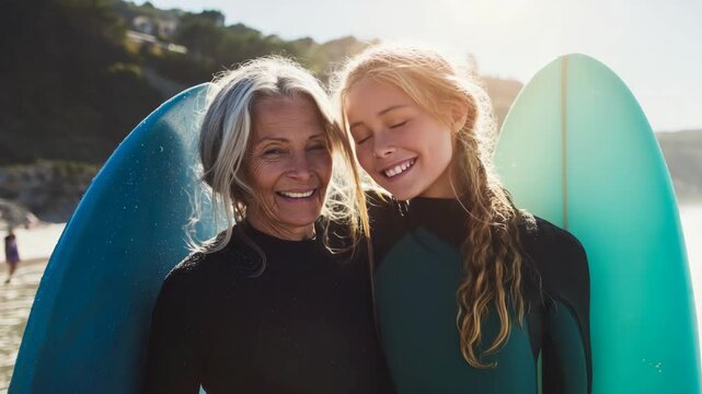 Happy Grandmother and Granddaughter Smiling with Surfboards at the Beach