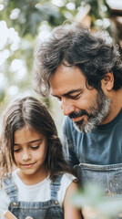 Fototapeta premium Father Daughter Bonding in Garden with Caucasian Young Girl and Mature Male