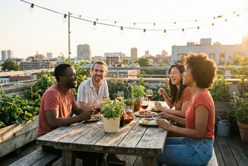 Diverse group of happy friends enjoying rooftop dinner party with wine at sunset
