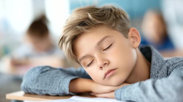 Sleeping bored tired boy in defocused classroom learning, faceless exhausted student, stress visualization detail, blurred desk background, anxiety concept, confused interface, ADH