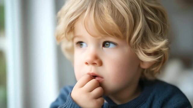 Close-up bored child drooling gazing defocused distance daydreaming, faceless deep boredom, lost-in-thought visualization detail, blurred face background, distraction concept, bore