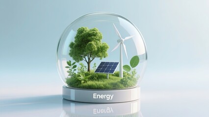 Glass capsule containing a miniature eco-world with lush green trees grass and plants surrounding clean energy elements like a solar panel and a white wind turbine.