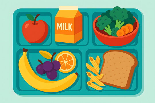 A colorful school lunch tray with fruit, vegetables, bread, and milk.