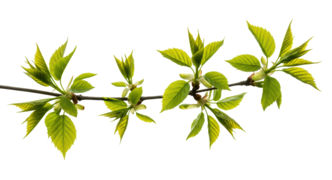 Slender tree branch with fresh, vibrant green spring leaves, delicate veins, isolated on a transparent background with copy space, concept of new beginnings