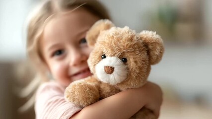 Little happy child girl holding defocused teddy bear, faceless playful moment, hug visualization detail, blurred casual background, plush toy concept, fun interface, embrace displa - Powered by Adobe