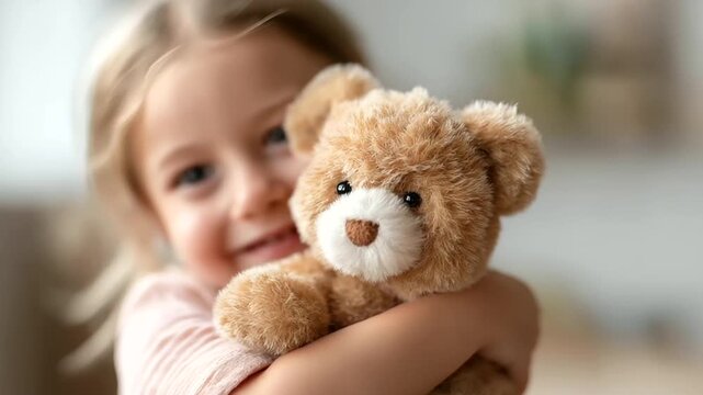 Little happy child girl holding defocused teddy bear, faceless playful moment, hug visualization detail, blurred casual background, plush toy concept, fun interface, embrace displa