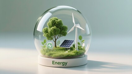 Glass capsule containing a miniature eco-world with lush green trees grass and plants surrounding clean energy elements like a solar panel and a white wind turbine.