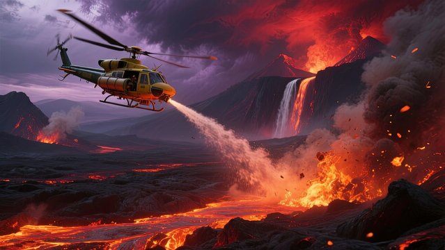 A powerful cinematic scene of a helicopter fighting a volcanic wildfire in which releasing a stream of water from its tank to douse the fire below.