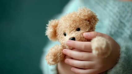 Close-up child's hand holding sad defocused teddy bear, faceless border crossing, emotional visualization detail, blurred background, migration concept, refugee interface, sad disp